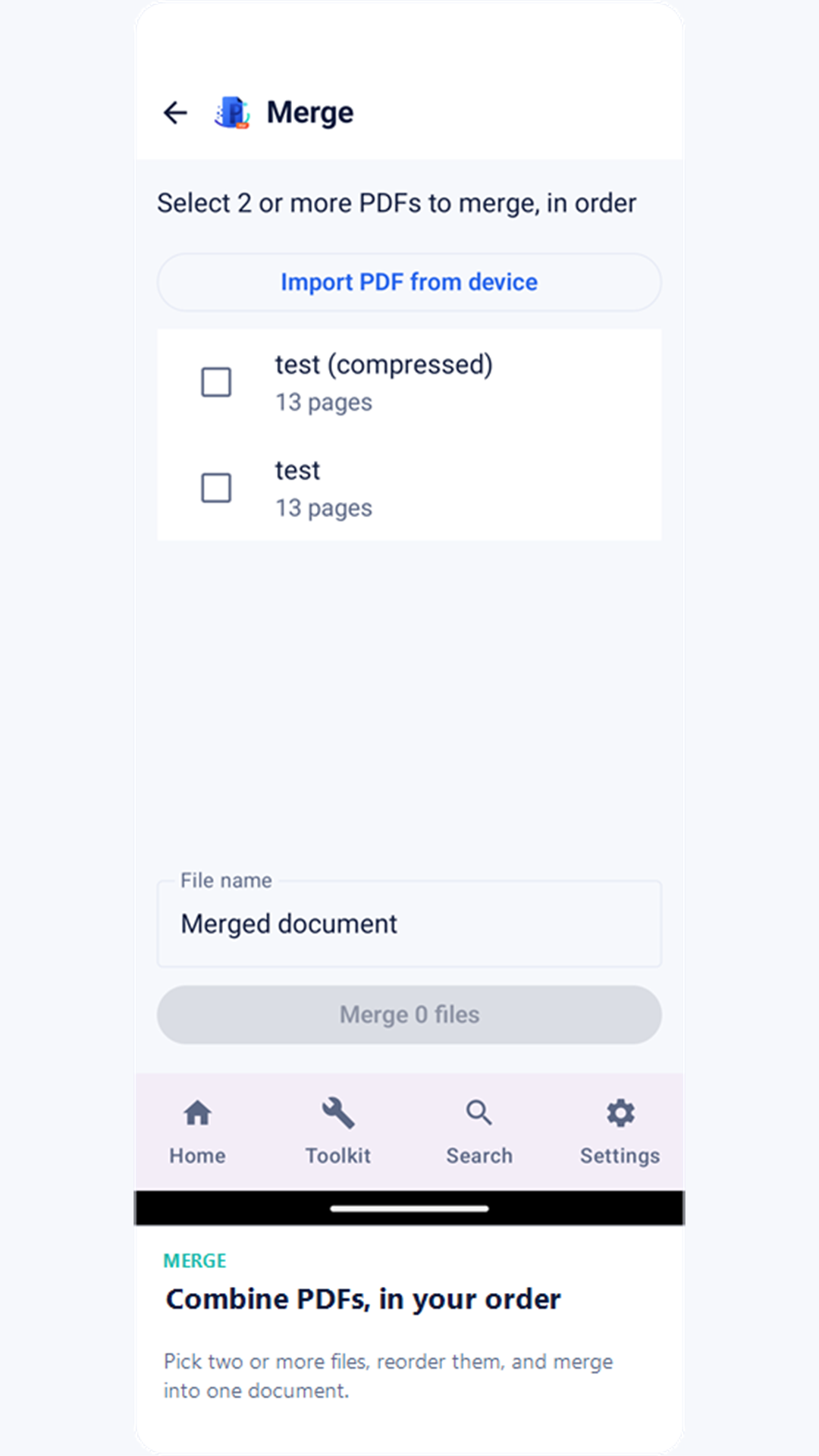 Экран объединения с двумя выбранными PDF